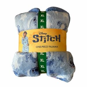 Disney Stitch One Piece Pajama XL Blue Fleece Hooded Onesie NWT